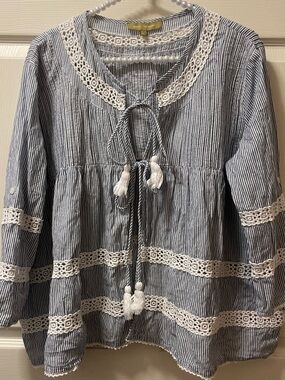 Rose and Rose Blue Pin Striped and Lace Tie Blouse/Jacket 100% cotton Size LG